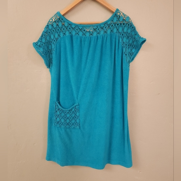 Vintage 1980s Hampton House Open Crochet Knit Terry Cloth Dress - Picture 1 of 12